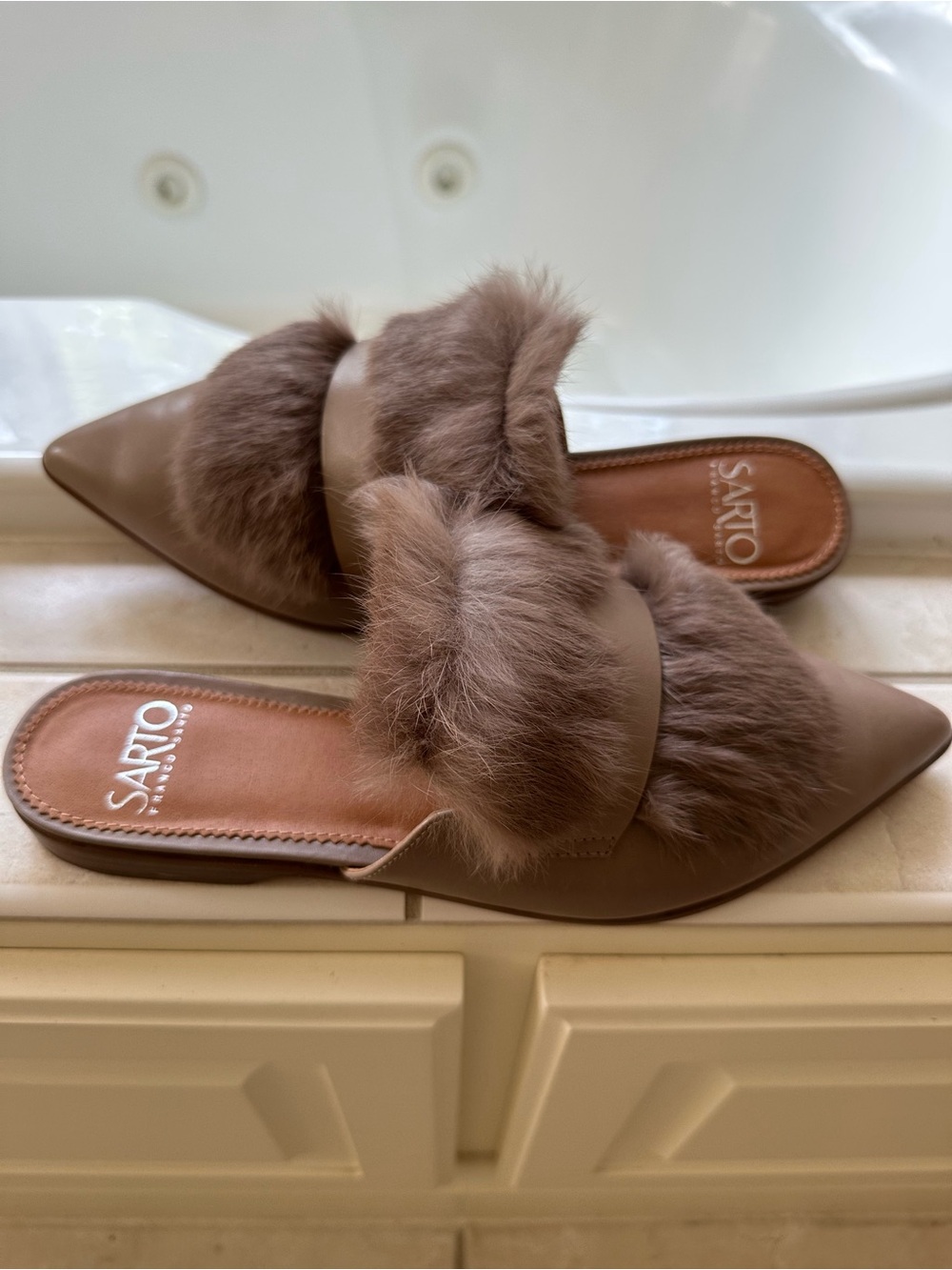 SARTO By Franco Sarto Taupe Faux Fur Slide Mules